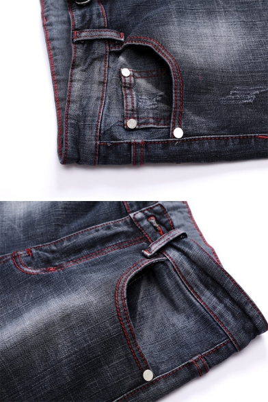 Mens Creative Colorblocked Patchwork Zip Placket Shredded Denim Pants Straight Jeans