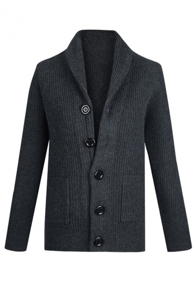 Mens Fashionable Plain Shawl Collar Long Sleeve Button Down Ribbed Knit Cardigan Coat