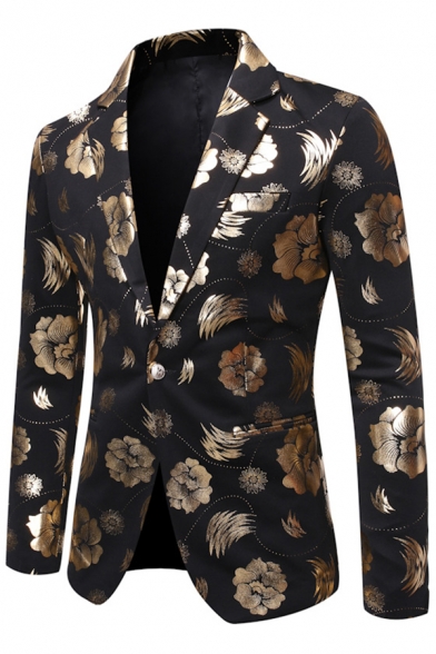 Mens Retro Floral Pattern Single Button Long Sleeve Slim Fitted Blazer Coat