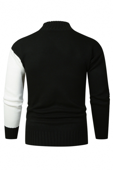 Mens Simple Two-Tone Mock Neck Long Sleeve Fitted Slim Cozy Knit Pullover Sweater