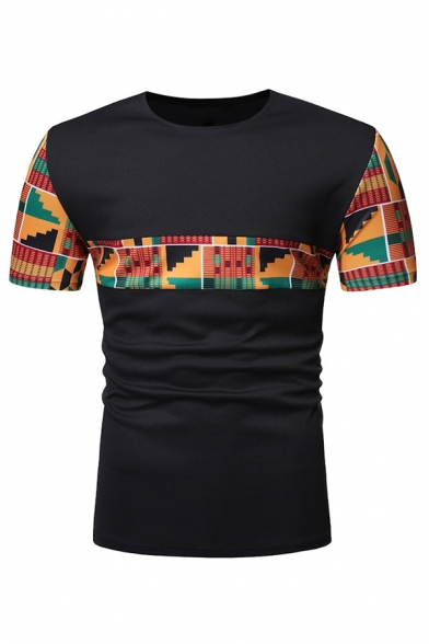 Mens Vintage Tribal-Geo Pattern Short Sleeve Crew Neck Slim Fit Leisure T-Shirt