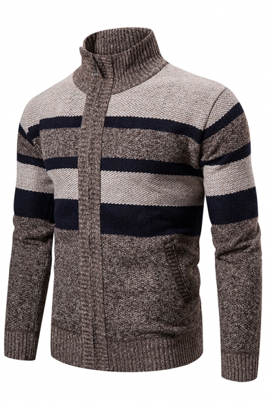 Mens Warm Knit Colorblock Stripe Printed Stand Collar Zip Placket Outdoor Cardigan Coat