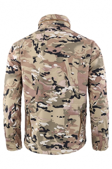 New Camouflage Printed Long Sleeve High Collar Zipper Embellished Loose Outdoor Windbreaker Coat