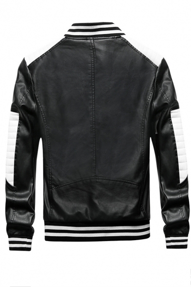 Number 78 Printed Color-Block Long Sleeve Rib Knit Cuff Zip Up Faux Leather Baseball Jacket