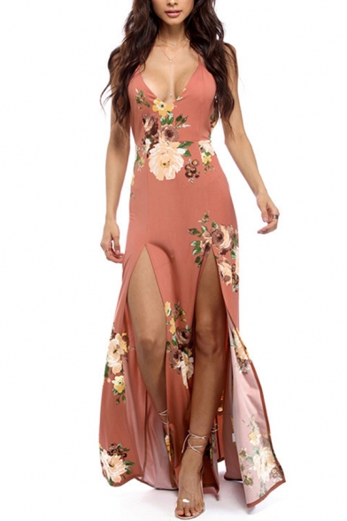 Pink Glamorous Women's Sleeveless Deep V-Neck Floral Print Open Back Split Side Maxi Beach Flowy Dress