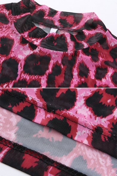 Pink Women's Glove Sleeve Mock Neck Leopard Print Sheer Mesh Crop Tee for Club