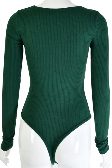 Plain Basic Edgy Long Sleeve V-Neck Knit Slim Fit Bodysuit for Girls
