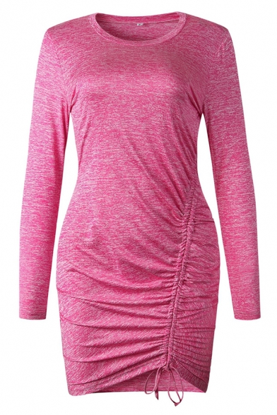 Plain Basic Long Sleeve Round Neck Drawstring Cotton Mini Bodycon T-Shirt Dress for Women