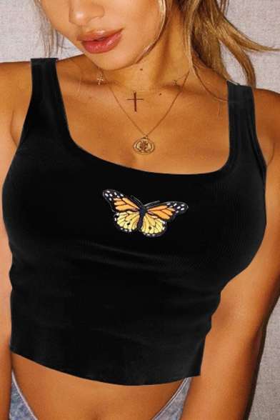 Plain Basic Sleeveless Butterfly Patterned Knit Slim Fit Crop Tank Top for Women