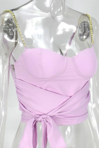 Plain Cute Sleeveless Side Zip Bow-Tie Chain Slim Fit Crop Cami Top for Party Girls