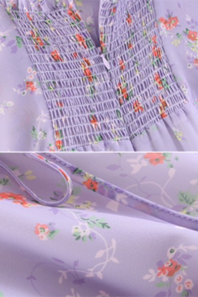 Purple Unique Floral Printed Lace Up Detail Ruched Zip Back Vintage Midi A-Line Cami Dress