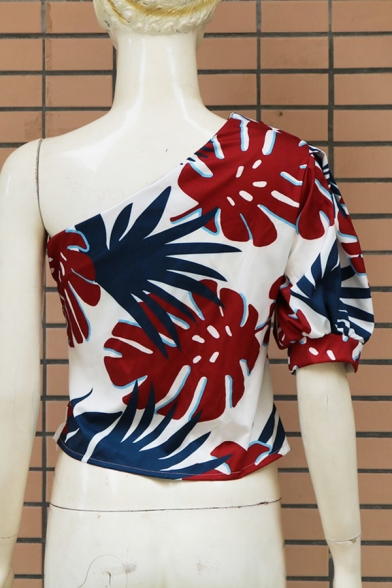 Red & Green Floral Printed Puff Sleeve One Shoulder Ruched Embellished Fitted Top Blouse