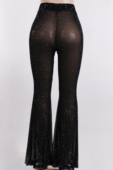 Sexy Sparkly Mid Rise See-Through Mesh Sequined Full Length Slim Fit Black Flared Pants for Party Girls