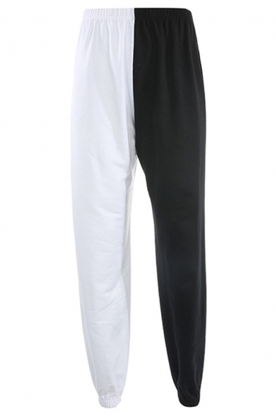 Street Cool Elastic Waist Contrasted Cuffed Ankle White Length Oversize Sweatpants for Hip Hop Girls