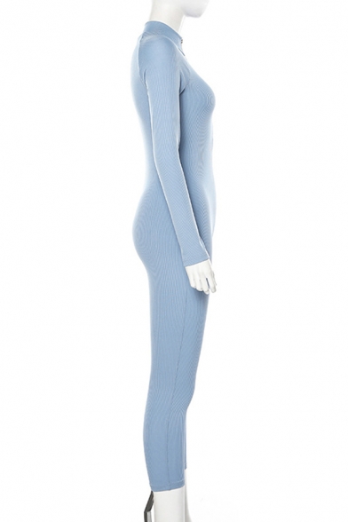Stylish Women's Long Sleeve Deep V-Neck Zipper Front Knit Stretch Ankle Skinny Jumpsuit in Blue
