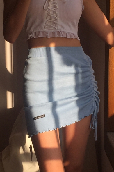 Trendy Fancy Girls' Elastic Waist Drawstring Letter OOD ONE OUT Stringy Selvedge Knit Plain Tight Mini Skirt