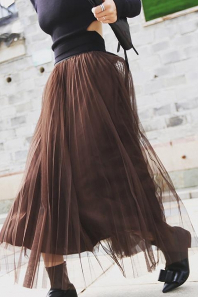 Trendy Women's Elasticated Waist Tiered Mesh Pleated Maxi A-Line Skirt in Coffee