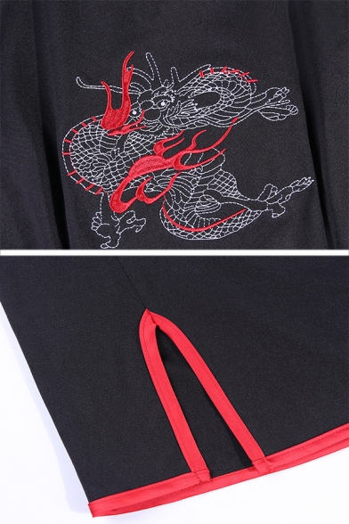 Unique Dragon Embroidery Pattern Hollow Out Front Split Hem Mini Black Cheongsam Dress