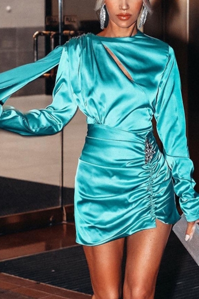 Unique Rhinestone Epaulet Ribbon Embellished Long Sleeve Cutout Plain Turquoise Satin Mini Ruched Dress for Party