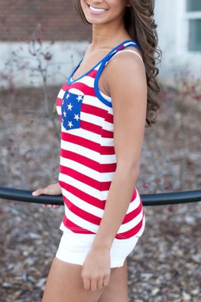 Womens Active Red Striped Stars Printed Sleeveless Fitted Tank Top