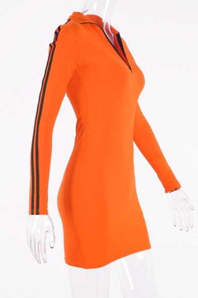 Womens Casual Striped Long Sleeve Half Zip Placket Slim Fit Sportive Mini Dress in Orange