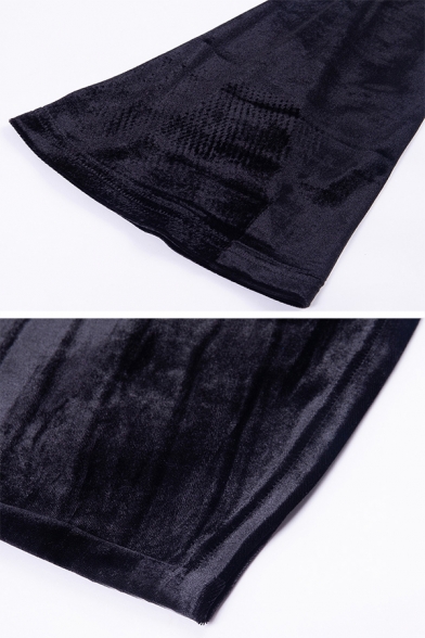 Womens Chic Plain Black Five-Pointed Star Embellished Flared Long Sleeve Mini Velvet Edgy Dress