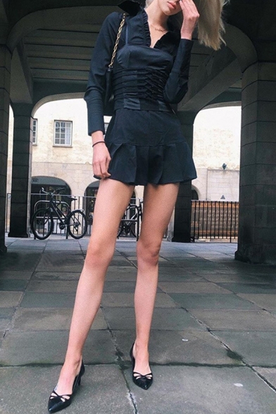 Womens Chic Stringy Selvedge Trim V-Neck Long Sleeve Black Plain Mini Pleated Dress for Party