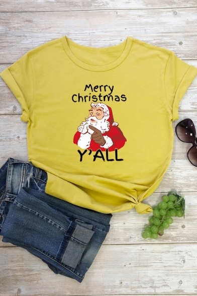 Womens Cool Santa MERRY CHRISTMAS Y'ALL Printed Roll-Up Short Sleeve Loose T-Shirt