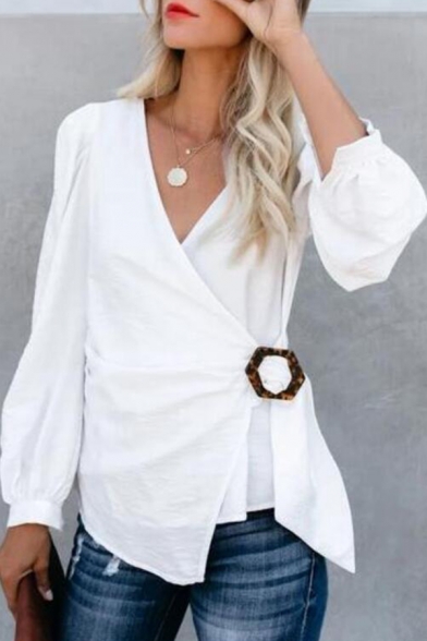 Womens Elegant Plain White Long Sleeves V-Neck Buckle Wrap Blouse Top