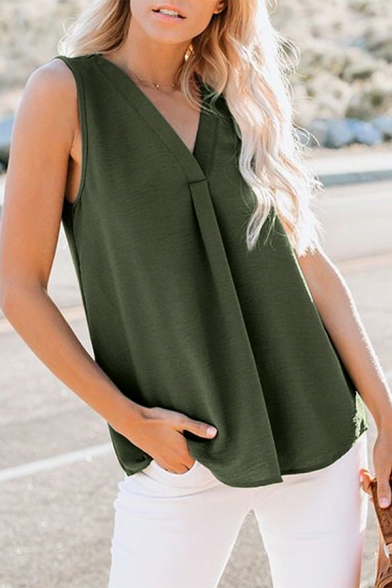 Womens Elegant V-Neck Sleeveless Loose Fit Solid Color Chiffon Tank Top