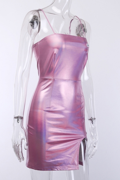 Womens Fashion Plain Metallic Slit Front Nightclub Wear Fitted Mini Strap Dress