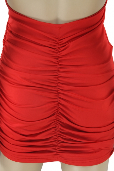Womens Popular Solid Color Halter Neck Open Back Mini Nightclub Bandage Dress