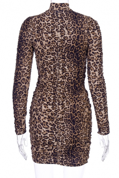 Womens Simple Leopard Pattern Long Sleeve High Collar Brown Mini Ruched Dress for Party