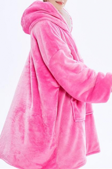 One Size Unique Solid Color Long Sleeve Oversized Longline Flannel Hoodie