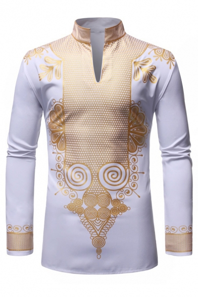 SayahMen Shirts Printed African Style Trim-Fit Stand up Collar Long-Sleeve T-Shirt 