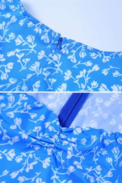 Casual Cute Girls' Short Sleeve Sweetheart Neck Floral Pattern High Split Side Zipper Back Long Flowy Dress in Light Blue