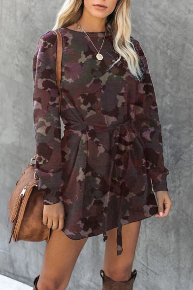 Cool Street Casual Long Sleeve Crew Neck Camo Print Tied Front Fitted Short Sweatshirt Dress for Women