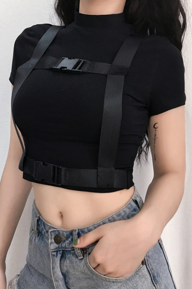 Cool Street Women's Short Sleeve Mock Neck Patched Buckle Strap Embellished Crop T-Shirt in Black