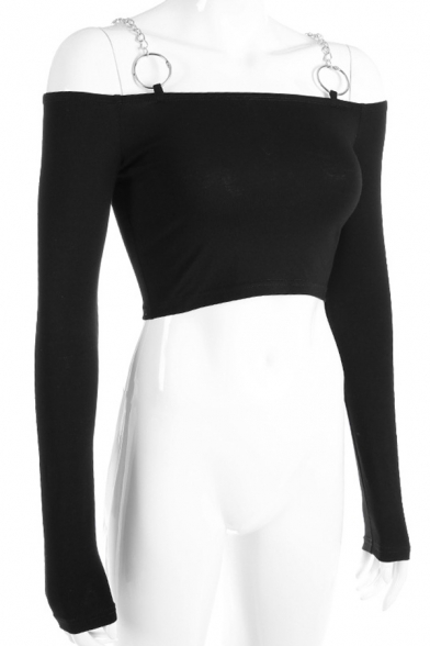 Cool Women's Black Long Sleeve Off The Shoulder Chain O-Ring Embellished Slim Fit Crop T-Shirt
