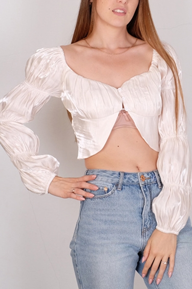 Edgy Girls' Bell Sleeve Off The Shoulder Elastic Detail Half Button Pleated Asymmetric Plain Fitted Crop Blouse