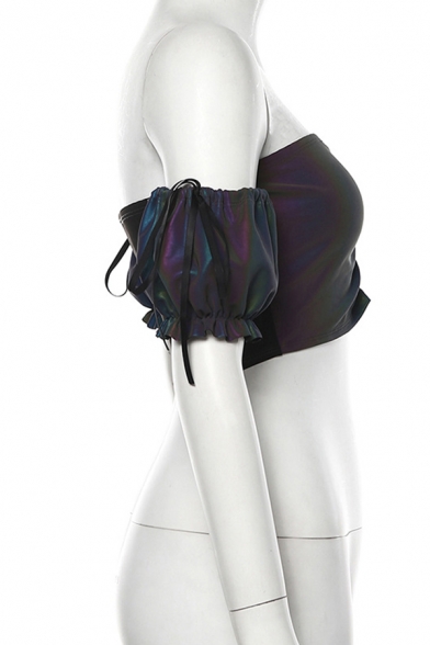 Edgy Girls Short Sleeve Off The Shoulder Drawstring Ruched Reflective Grey Crop Corset for Club