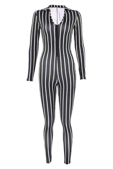 Edgy Looks Long Sleeve Deep V-Neck Stripe Print Zip Front Long Stretchy Skinny Jumpsuit for Women