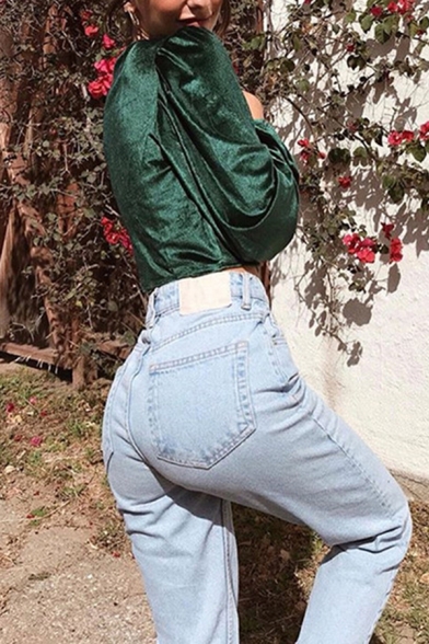 Elegant Fancy Girls' Blouson Sleeve Deep V-Neck Button Down Velvet Slim Fit Crop Blouse in Green