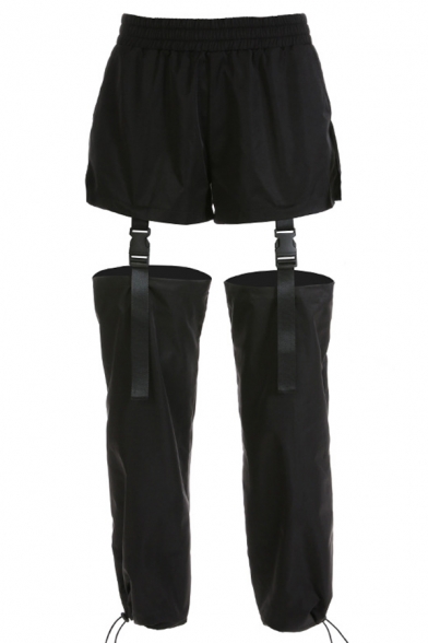 Fashion Black Elastic Waist Buckle Detail Hollow Out Cuffed Ankle Oversize Trousers for Cool Girls