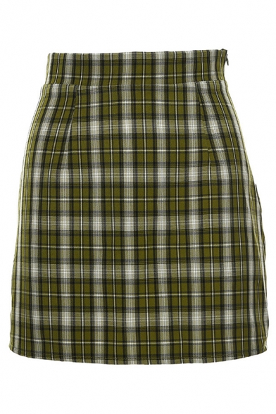 Fashion Girls' High Waist Plaid Pattern Zip Side Short A-Line Skirt in Green
