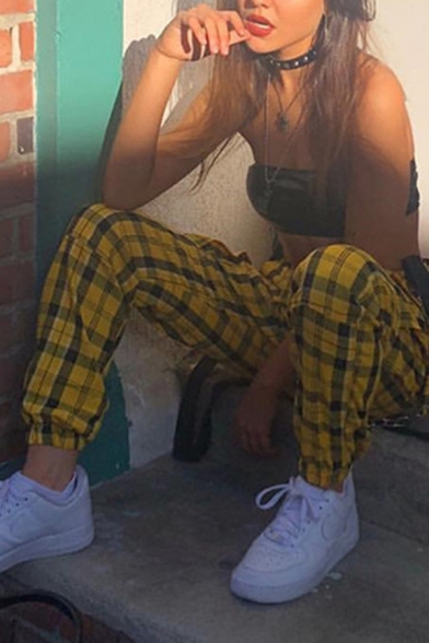 Fashion Street Girls' Mid Rise Plaid Print Flap Pockets Ankle Cuffed Tapered Suspender Trousers in Yellow