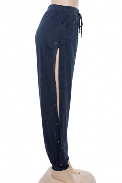 Female Athletic Style Elastic Waist Button Mesh Cuffed Long Oversize Navy Jogger Pants