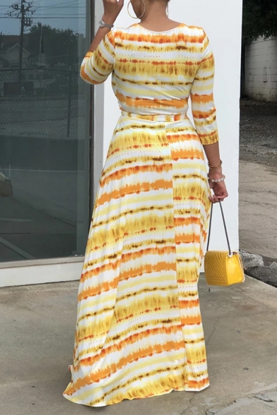 Female Casual Yellow Three-Quarter Sleeve Surplice Neck Stripe Print Bow Tie Waist Long Flowy Dress