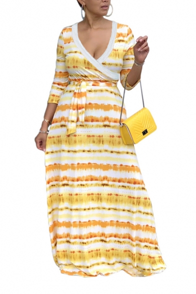 Female Casual Yellow Three-Quarter Sleeve Surplice Neck Stripe Print Bow Tie Waist Long Flowy Dress