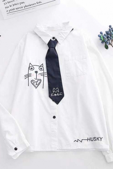 Girls Cute Cat Embroidered Tie Lapel Collar Long Sleeve Oversized White Shirt